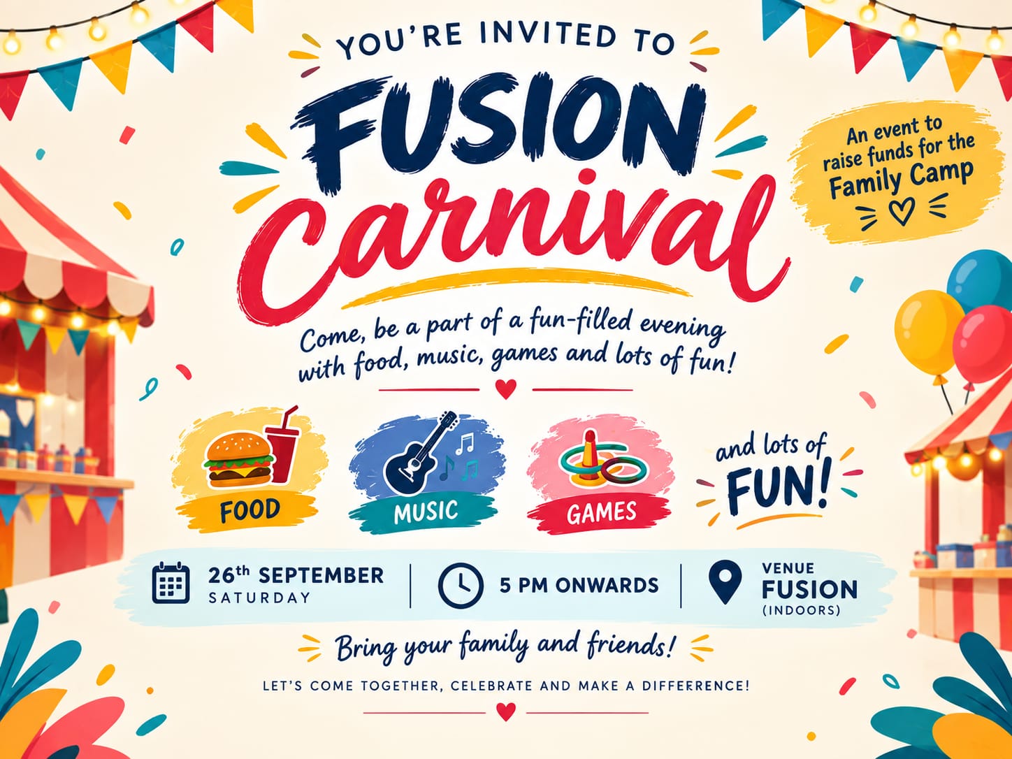 🎪 **FUSION CARNIVAL 2026** 🎉 ### **GAMES • MUSIC • MOVIE • FOOD • FUN!** 🍿🎶🎮 📅 **Saturday, 26 September** ⏰ **5:00 PM onwards** ✨ **Come ready to play, laugh, chill & have a great time together!** Bring your friends and don’t miss the fun! 🙌🔥